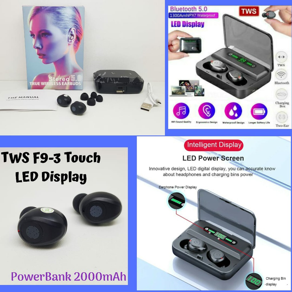 Handsfree Bluetooth TWS F9-3 Touch LED Display plus Power Bank 2000mAh F9 TWS Bluetooth 5.0 Wireless