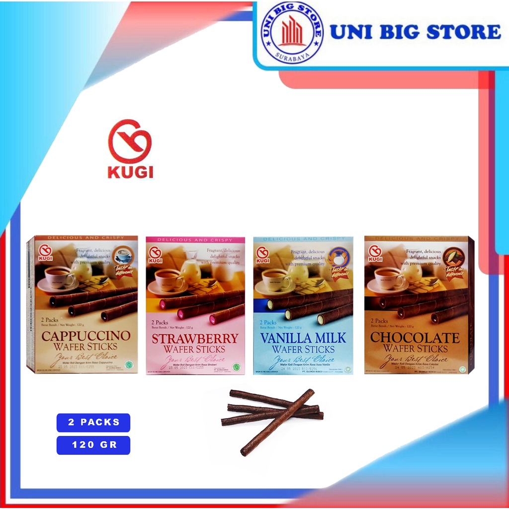 

Kugi Wafer Sticks Chocolate Cappucino Strawberry Vanilla Milk 120 gr Coklat Astor Roll