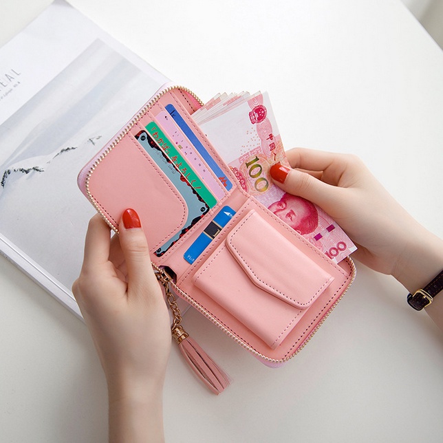 DOMPET MINI - Dompet Pendek Fashion Wanita Dompet Kecil Rumbai Korea Wanita Dompet Ritsleting Persegi Sederhana Dompet Koin Wanita Dompet Lucu