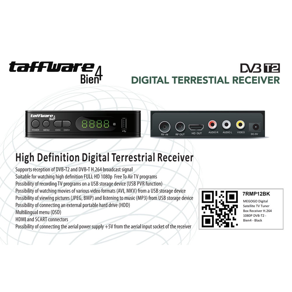 Taffware Bien4 Digital Satellite TV Tuner Box Receiver H.264 1080P - Black - 7RMP12BK