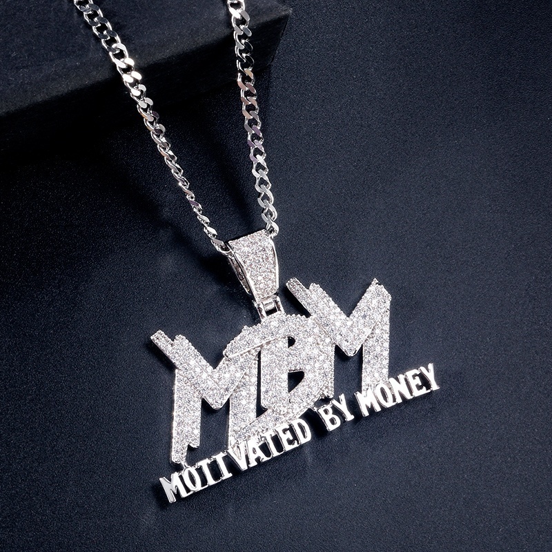 Kalung Liontin Tulisan Mbm Bahan Cubic Zircon Gaya Hip Hop Untuk Pria