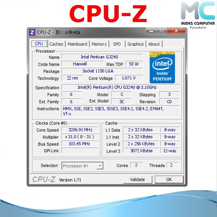 Processor Intel Pentium G3240 3.10 GHZ Lga 1150