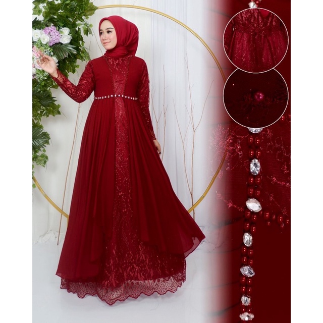Gamis Diana Tulle Bordir Mewah / Gamis Ceruty Kombinasi Payet / Gamis Kondangan Kekinian / Gamis Pes