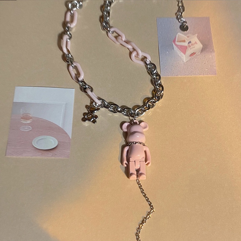 Kalung Rumbai Desain Beruang Warna Pink Gaya Korea Untuk Wanita