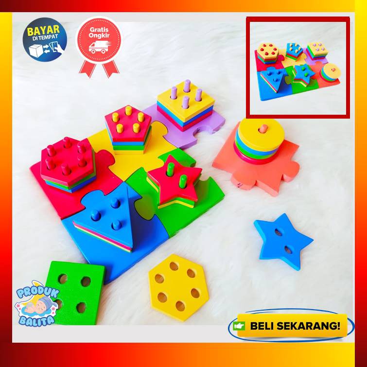 Mainan Kayu Edukasi Anak PAUD TK Bentuk Puzzle Warna Warni Enam Menara Untuk Melatih Kesabaran Anak