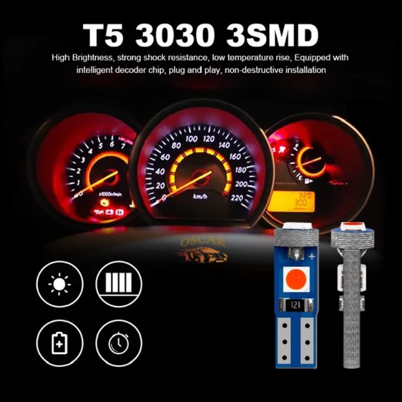 Lampu LED speedometer/Panel AC/spido meter Mobil/Motor soket T5 3 mata SMD 3030 DC12V [GROSIR]