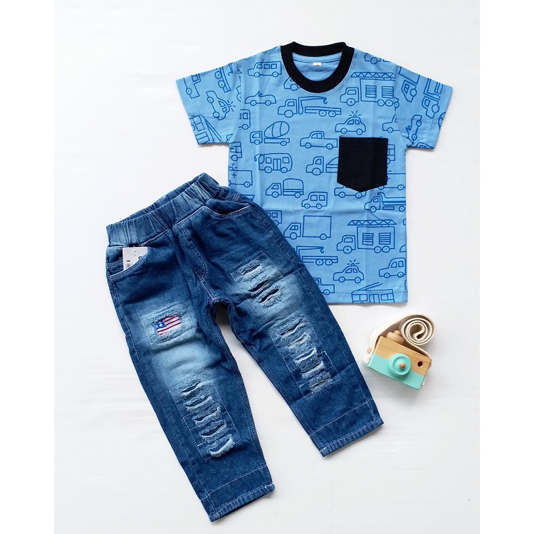 HappyOliver SET BRYAN FLAG EBV Setelan Kemeja Bayi Laki-laki Lengan Pendek celana jeans