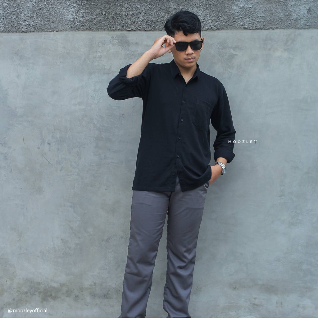 Kemeja Pria Big Size Pique Lengan Panjang Hitam XXL - XXXXXL [KemQue] by Moozley