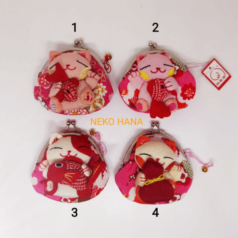 Chirimen Neko Pouch Pink Dompet Koin Kucing Kain Khas Jepang