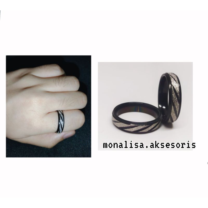 Cincin couple - Cincin Pasir Titanium Black White Mix Pria Wanita