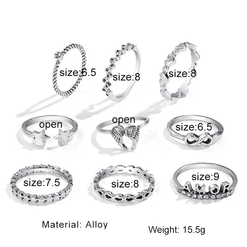 9 Pcs / Set Cincin Desain Sayap Malaikat Bintang Hati Tulisan AMOR 8 Untuk Aksesoris Perhiasan Wanita