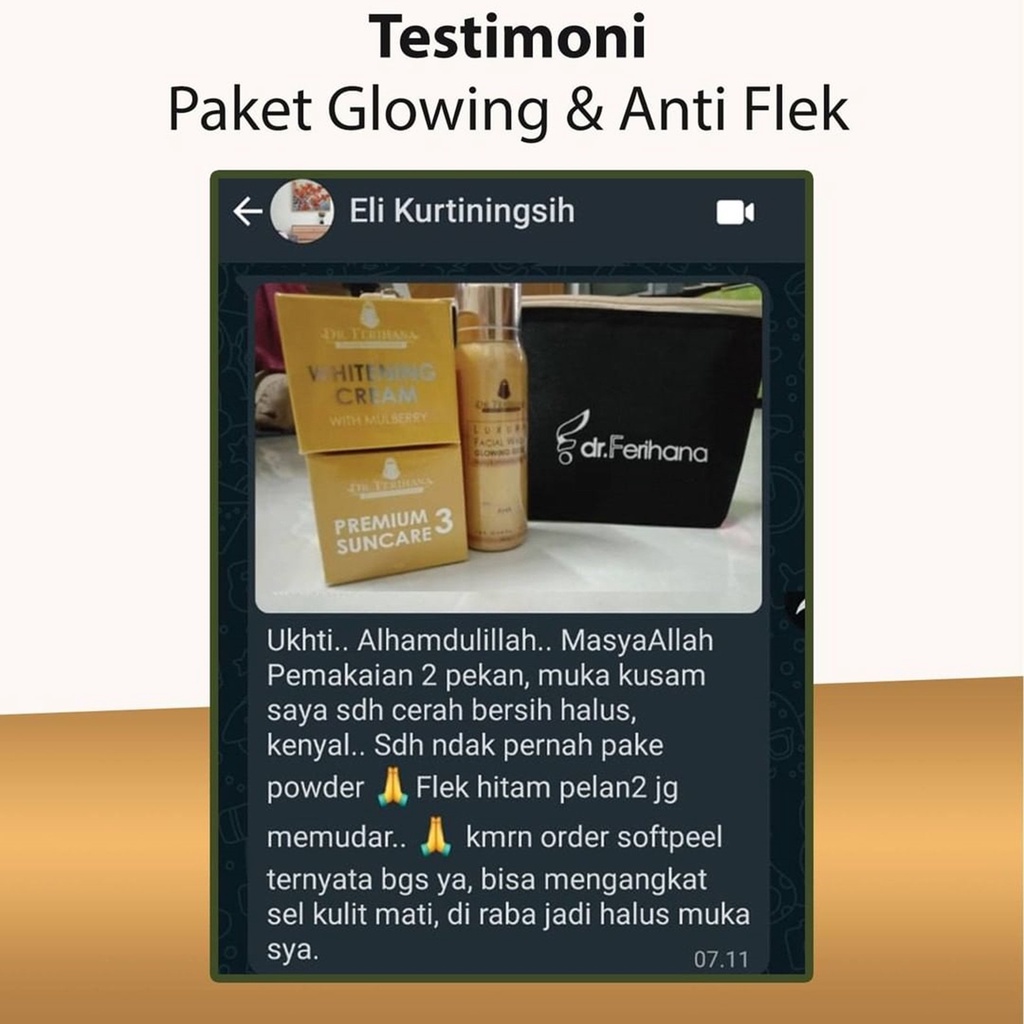 Paket Glowing Gold dr. Ferihana Cosmetics &amp; Skincare Merupakan Paket Perawatan Wajah untuk Kulit Normal Kering Kombinasi yang Mampu Mencerahkan Memudarkan Flek Sekaligus Sebagai Anti Aging