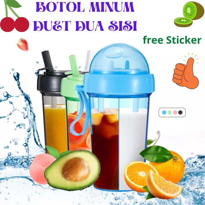 Botol Minum Duet Sedotan Dua Sisi Duet Couple Bottle Travel - Botol Minum Tali Sedotan Anak Dua Sisi Free Sticker