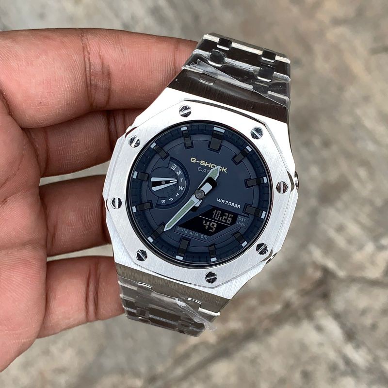 Jam Tangan G-Shock GA2100 GA-2100 Custom Strap dan Bezel Stainless Steel Silver Mesin Hitam