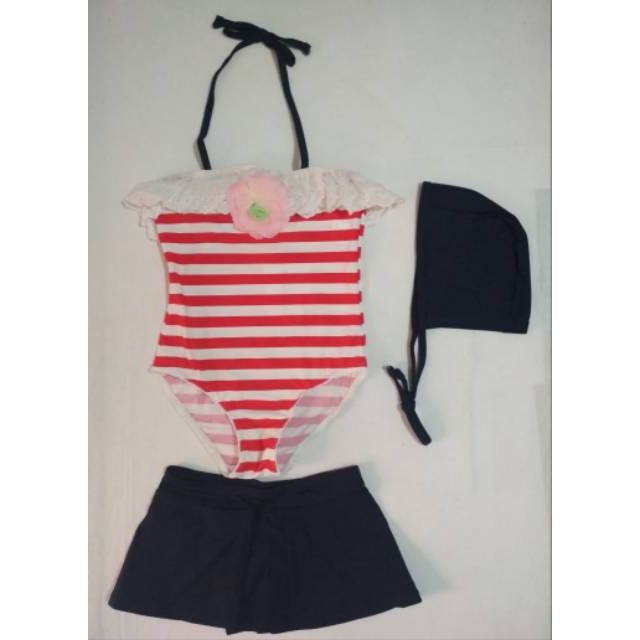 Baju Renang Jumpsuit Belang Putih Merah Renda Bros Bunga Rok Topi