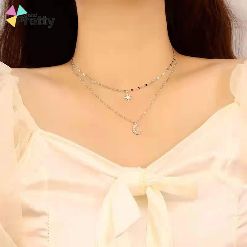 Kalung Rantai Double Layer Bentuk Bulan Bintang Untuk Wanita - PD