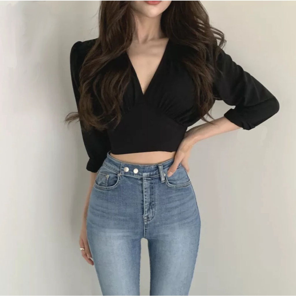 Atasan blouse wanita V shape korean look 895