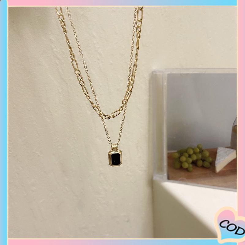 COD❤️Kalung Rantai Temperamen Wanita Korean Fashion Sederhana Klavikula Kalung Berlapis Ganda Liontin Warna Hitam-A.one