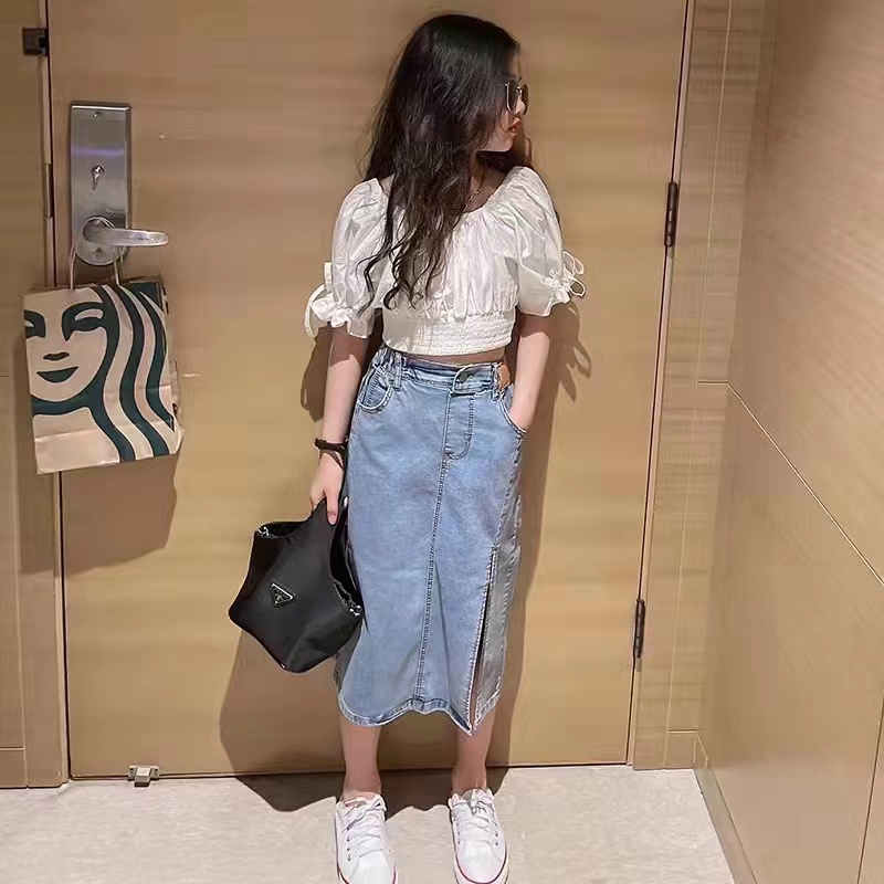 CHUBBI 5 Setelan Baju Anak Perempuan Tanggung Crop Top + Rok Jeans Kekinian
