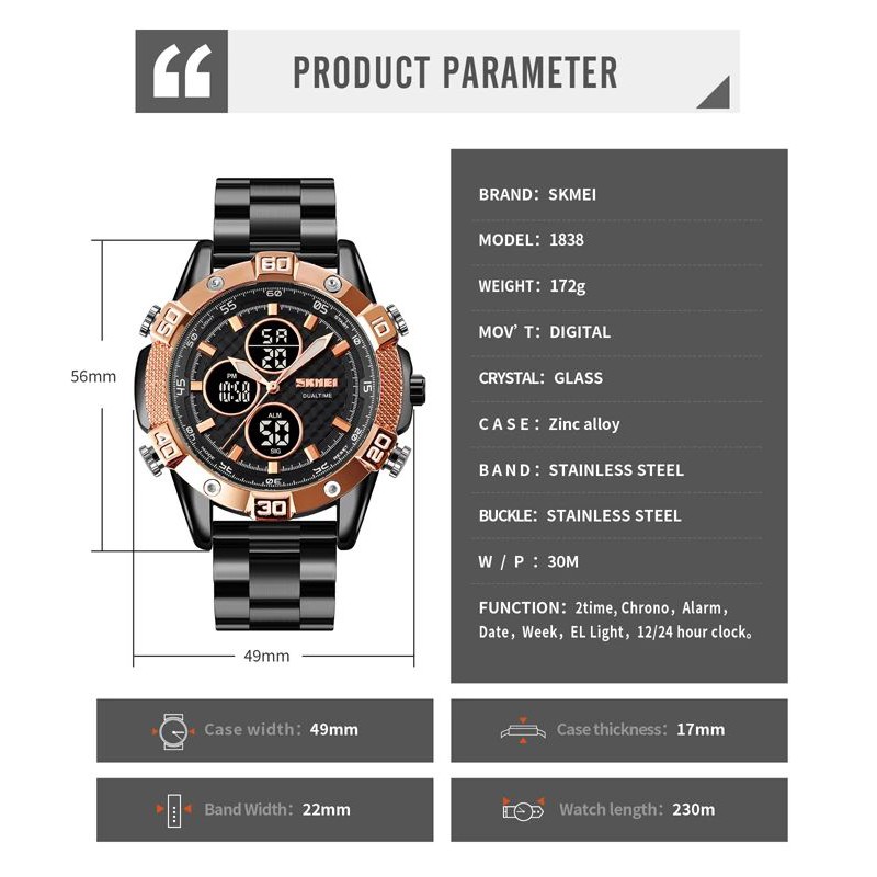 SKMEI 1838 Jam Tangan Pria Digital Analog Dual Time Chronograph Tali Stainless Steel WATCHKITE WKOS