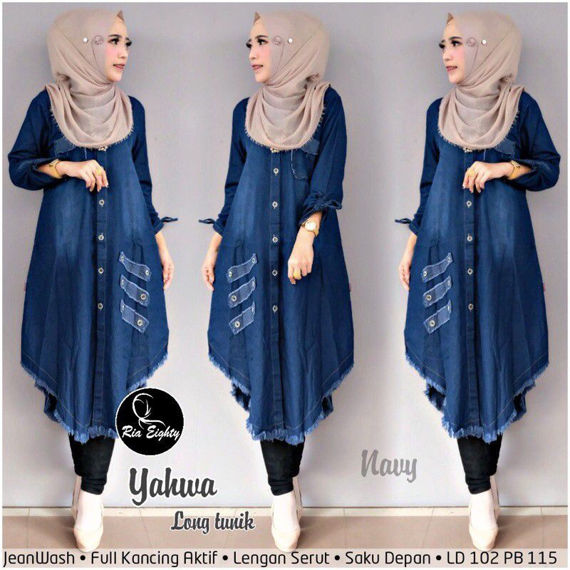 YAHWA LONG TUNIK || BAHAN JEANS LD 102 PJ 112 KANCING AKTIF