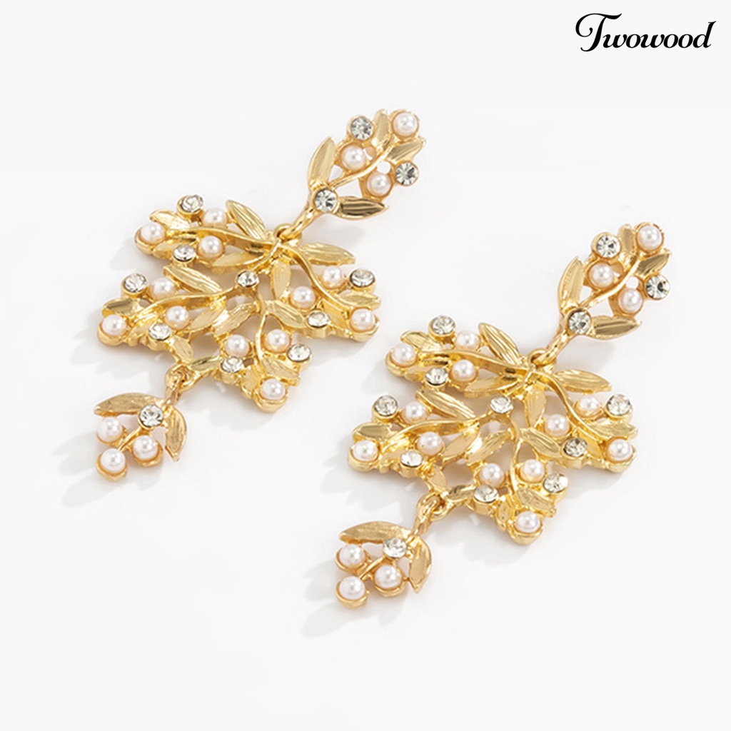 Twowood 1 Pair Big Leaves Shape Stud Earrings Hollow Alloy Faux Pearl Rhinestone Women Earrings Wedding Jewelry