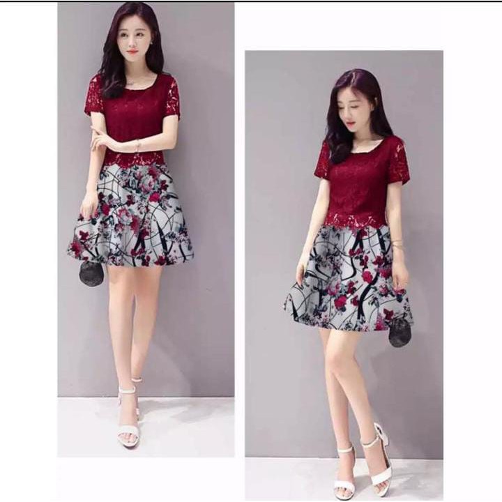 QNF-FASHIONSHOP DRESS DIXY MAROON / BIRU / DRESS KOREA / DRESS RENDA / DRESS BRUKAT / DRESS MIDI