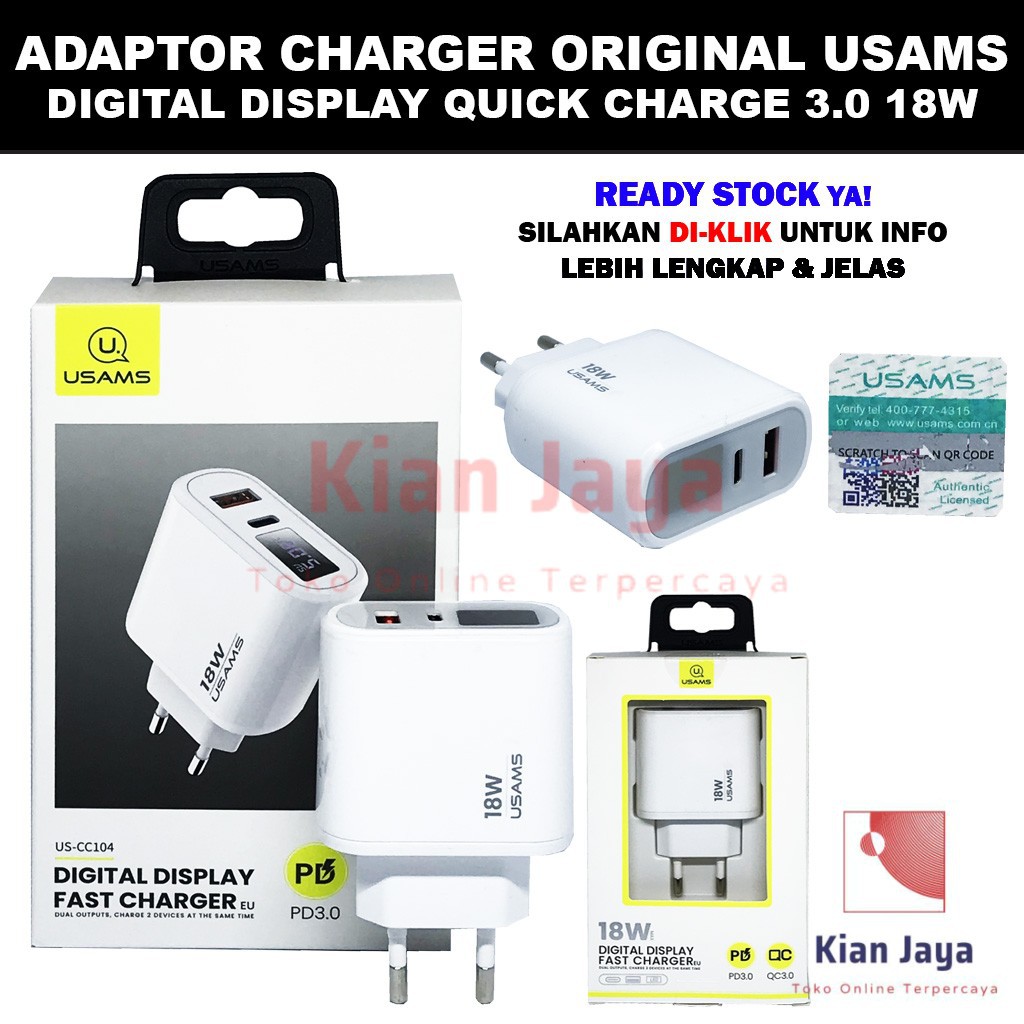 Charger usams Digital Display Fast Charger 18W Dual Output USB + Type C Port Original