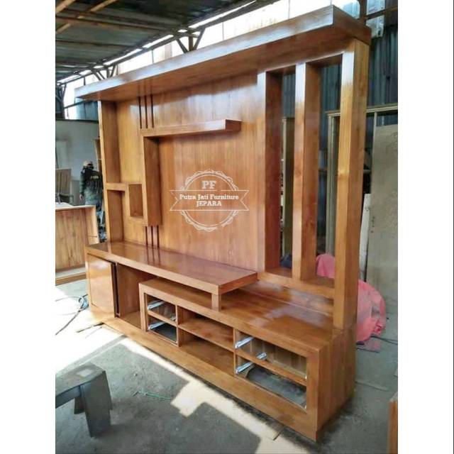 Bufet Tv Lemari Partisi Kayu Jati - Bufet Penyekat Ruangan Moodel Simpel Full Jati