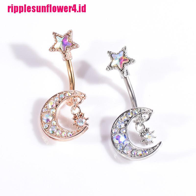 Anting Tindik Perut / Pusar Model Bulan + Bintang Dengan Kristal Untuk Wanita