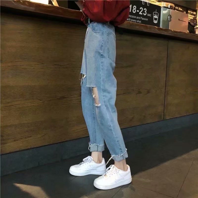 RIPPED JEANS IMPORT HIGHWAIST CELANA PANTS DENIM HW WANITA CEWEK BAGGY UNFINISH MX801