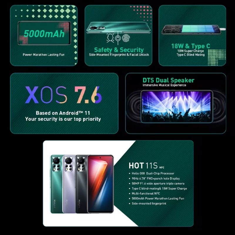Hp Terbaru Infinix Hot 11s NFC 6/128 Ram 6GB Rom internal 128GB - New Baru Original Garansi Resmi - Helio G88 Gaming Fast Charging 50MP - Hot 11 S 4/64 4GB 64GB 6 4 128 64 GB - Warna Colour Green Black Purple Blue Hijau Hitam Ungu Biru Promo Murah Lebay-3