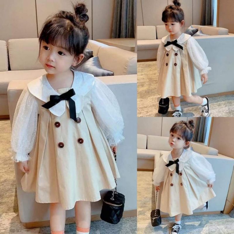 Dress Anak Perempuan Ribbon Puff Coffee Cream