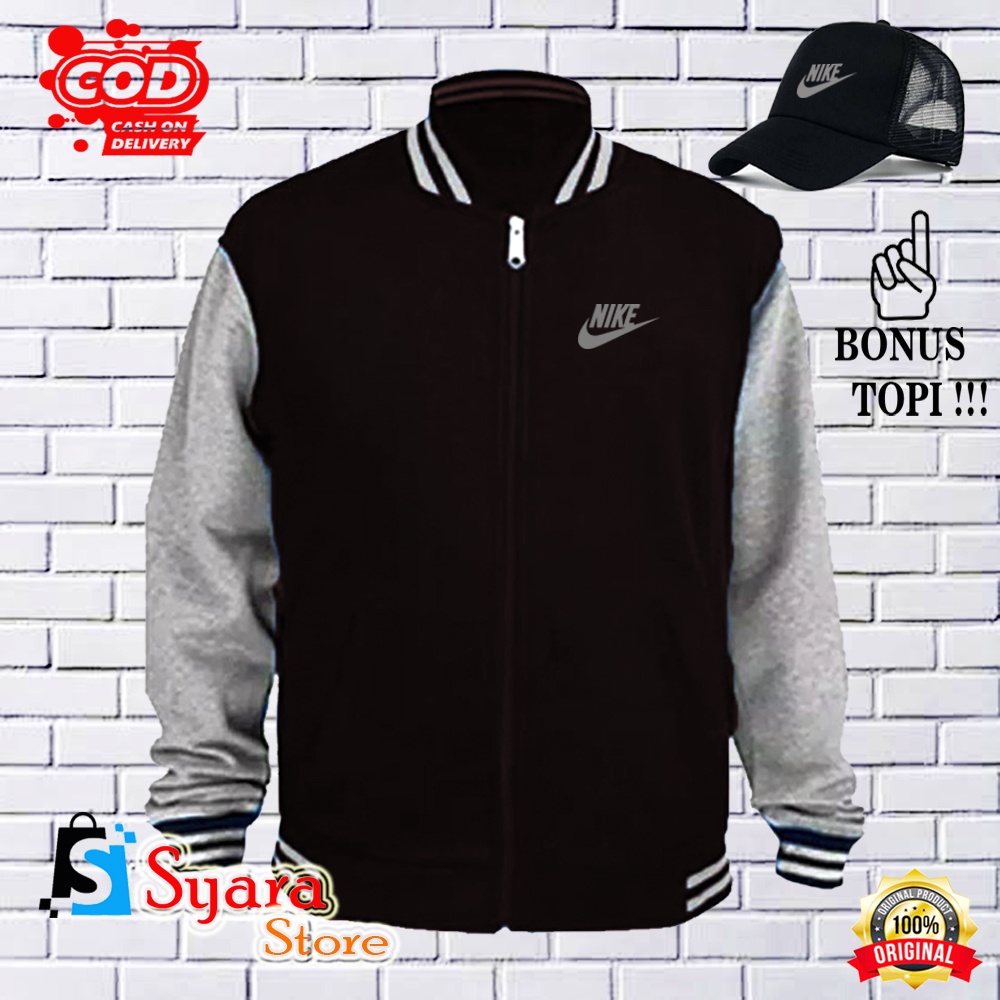 Syara Store / BONUS TOPI.. Jaket Varsity Baseball Nike Silver/ Jaket Distro Varsity / Jaket Baseball