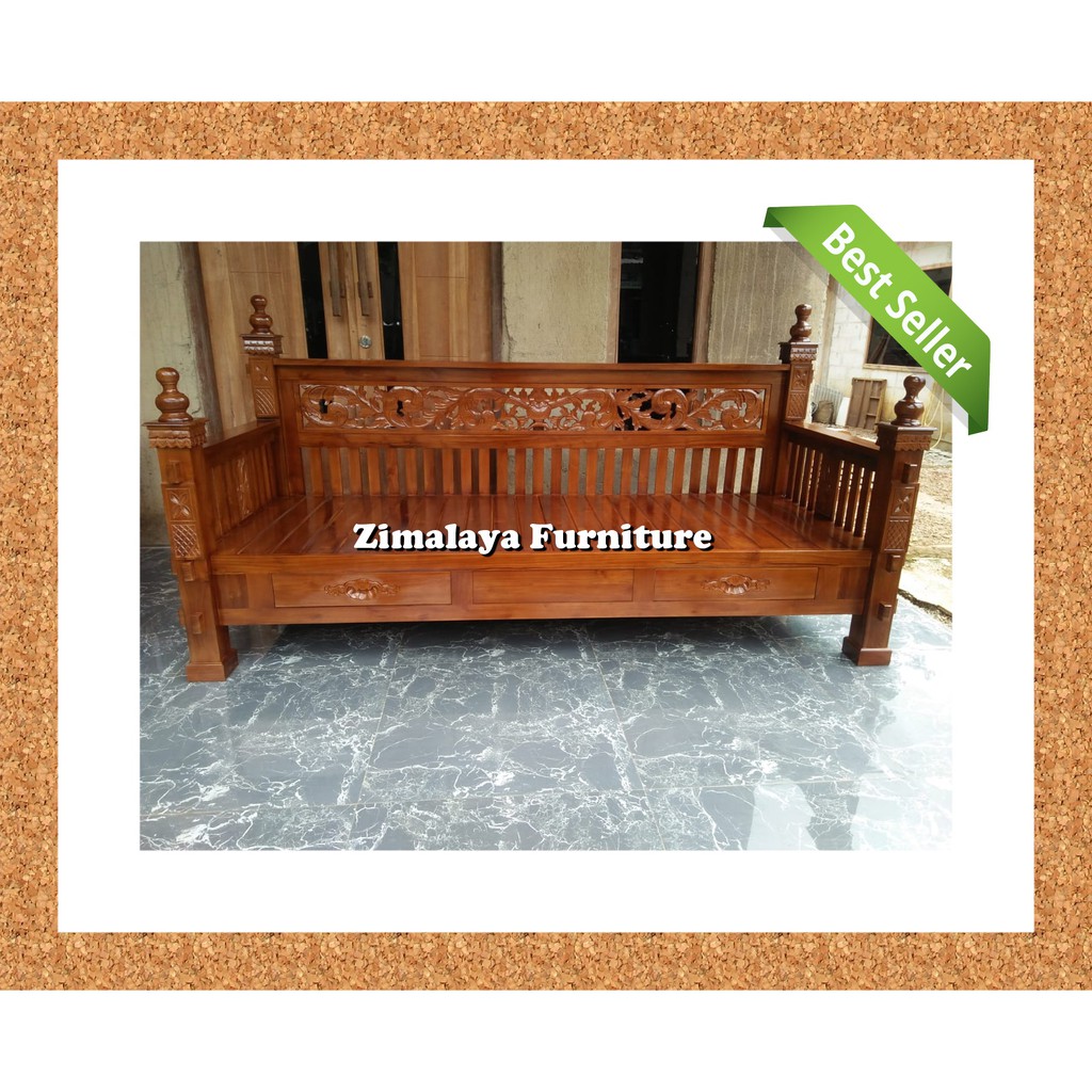 Kursi Bangku Panjang Tebal Kayu Jati Model Bale Bale Ukir, Bangko Ukir Jepara