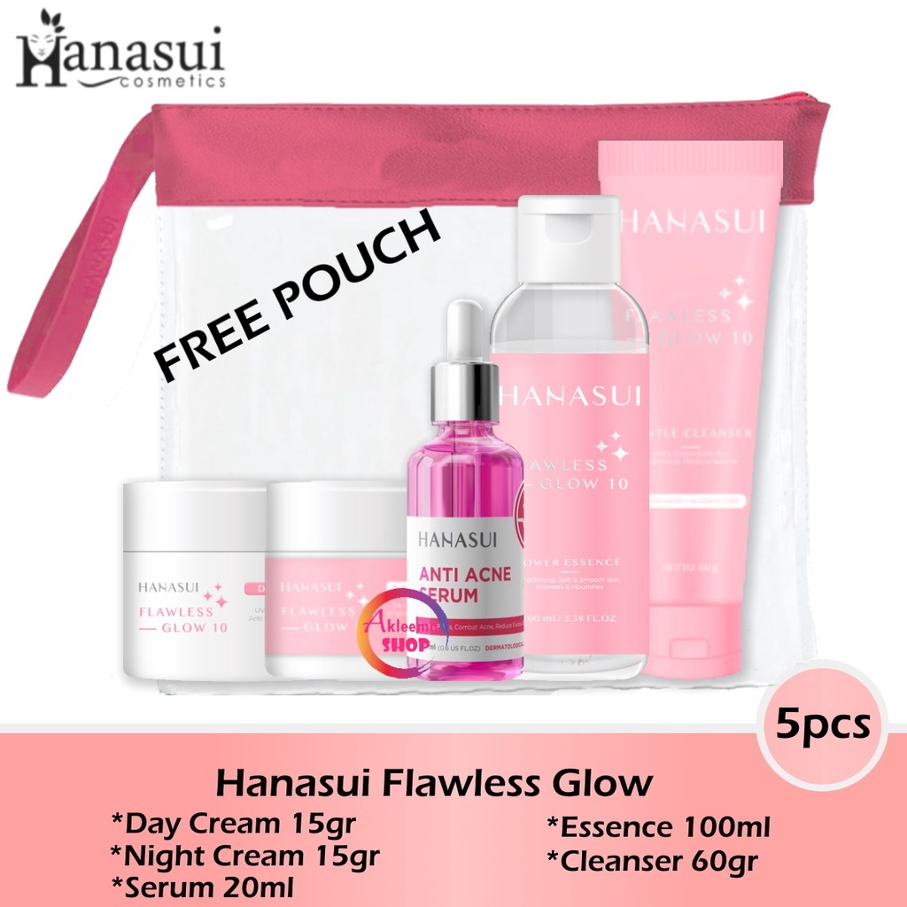 Paket Hanasui Flawless Glow 5pcs (Day+Night+Serum PInk+Essence+Cleanser)