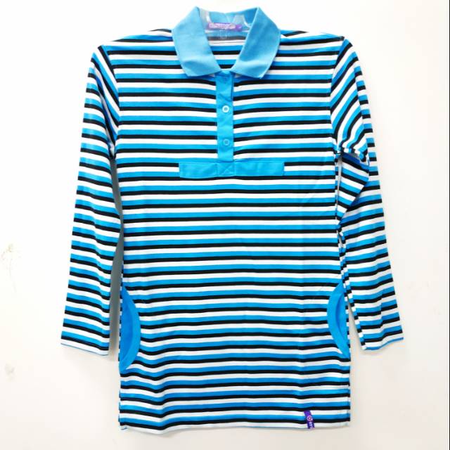 BAJU KAOS WANITA BERKERAH LENGAN PANJANG SALUR BIRU ELEKTRIK