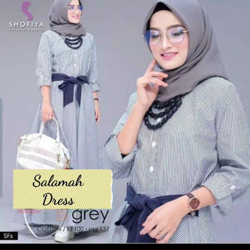 Baju Dress Gamis Kondangan Kemeja Panjang Busui Kancing Depan Tali Pita Pinggang Motif Garis Ibu Wan
