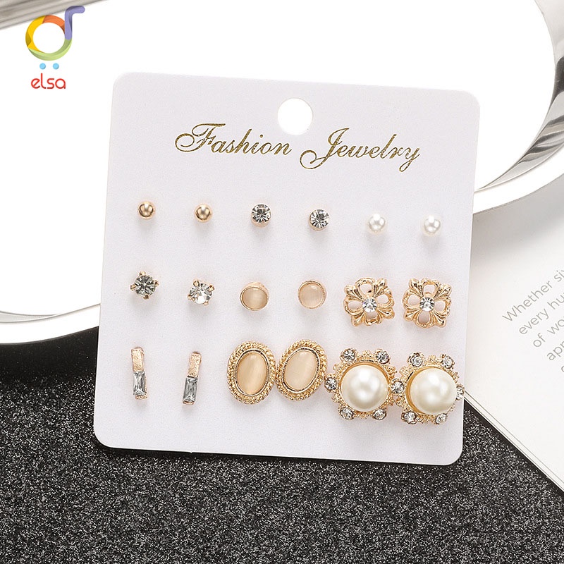 Elsa 9Pcs / Set Anting Wanita Tusuk Bentuk Bulat Hias Kristal Mutiara untuk Women Earrings-3