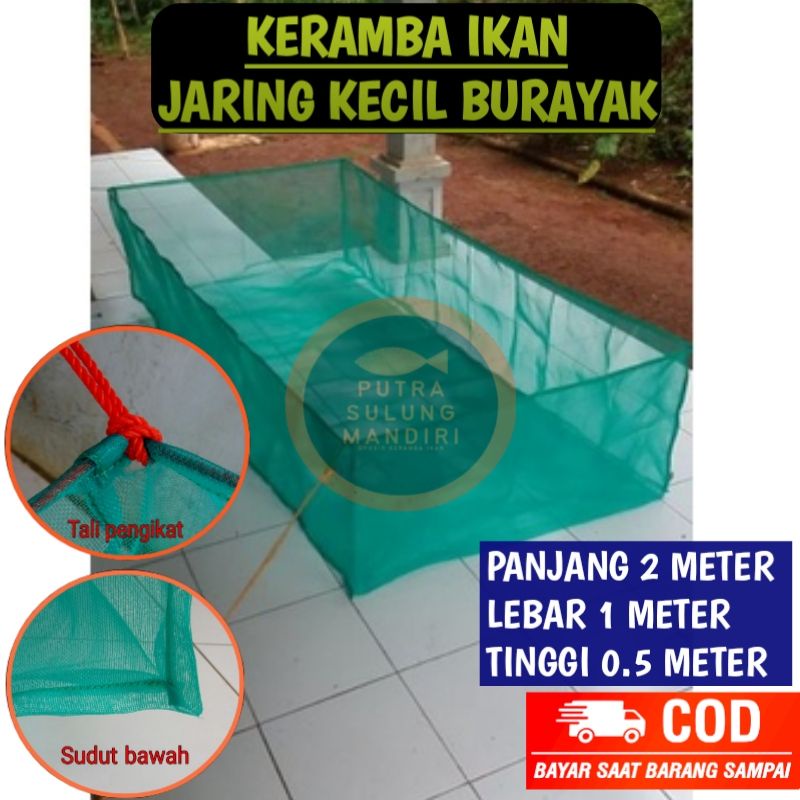 K2105 Keramba hapa 2m x 1m x 0.5m ikan burayak larva anak kain kasa hijau siap pakai tali tambang