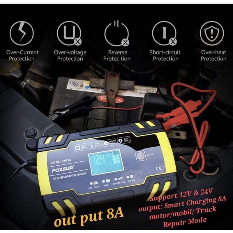 charger Accu cass aki Foxsur 12V 24V 8A Motor Mobil repair battery auto smart charging