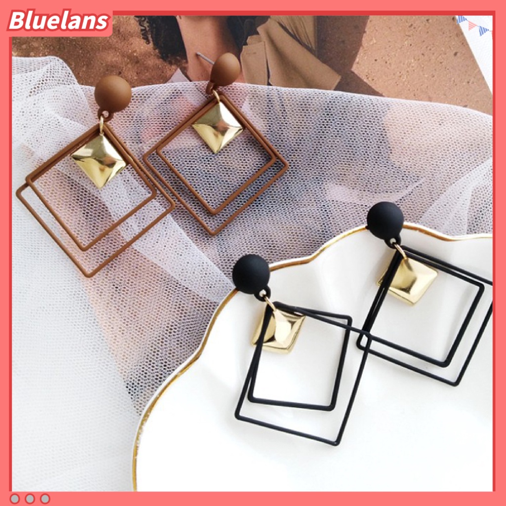 Bluelans 1 Pasang Anting Tusuk Gantung Wanita Bahan Alloy Desain Persegi Ganda Untuk Hadiah