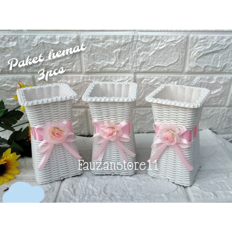 PAKET HEMAT 3PCS VAS BUNGA KOTAK PLASTIK MOTIF ROTAN