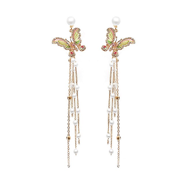 LRC Anting Tusuk Fashion Golden Butterfly Long Fringe Pearl And Diamond K18772