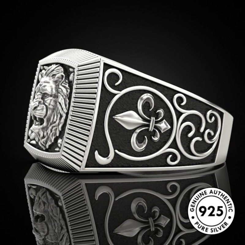 Cincin Desain Singa Bahan S925 Silver Untuk Pria