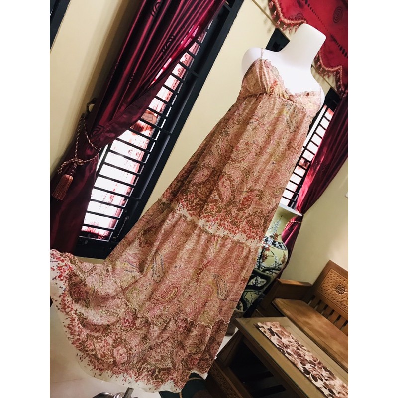 dress log mekar cantik premium corak unik tali satu motif bunga