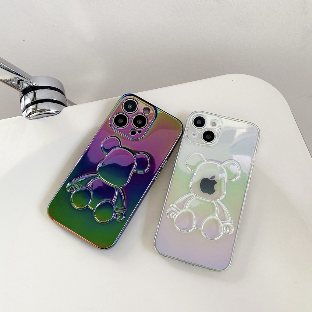 Soft case Silikon Transparan Motif Beruang 3D Warna Gradasi Laser Untuk iPhone 11 Pro MAX 12 13 Pro MAX