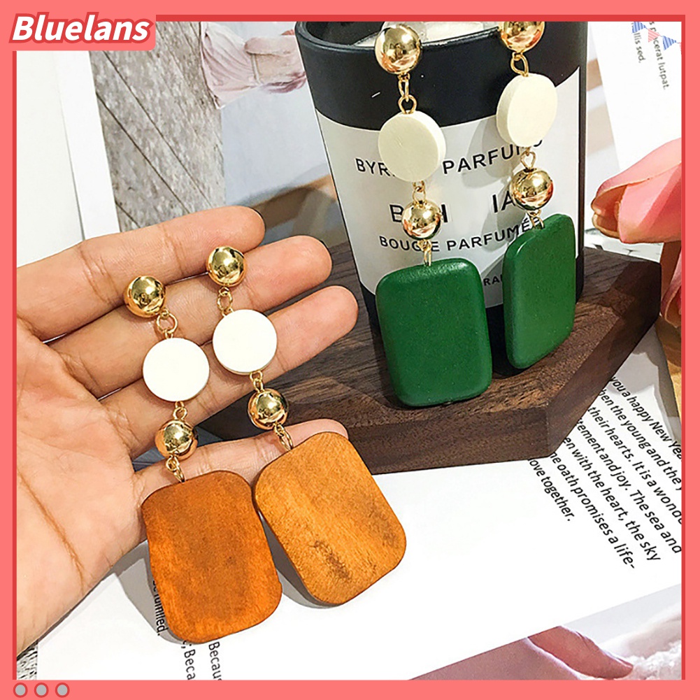 Anting Juntai Bentuk Bulat Persegi Geometris Bahan Kayu Gaya Retro Untuk Wanita