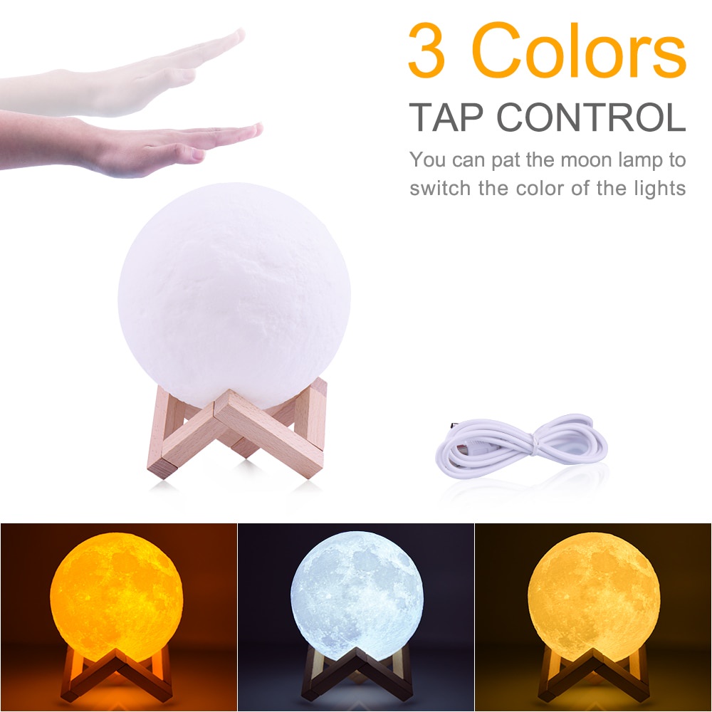 Lampu Meja Lampu Tidur Lampu Hias, Bentuk 3D Bulan, Aman bila disentuh anak karena kuat, 3D Printed Moon Night Light Lamp 12 cm pajangan kamar ruang tamu minimalis Rambery moon lamp 3D print night light Rechargeable 3 Color Tap Control lamp lights