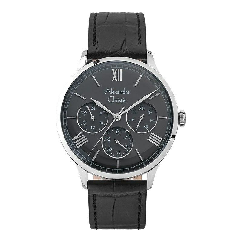Jam Tangan Pria Alexandre Christie AC 6568 MF LSSBA Men Black Dial Black Leather